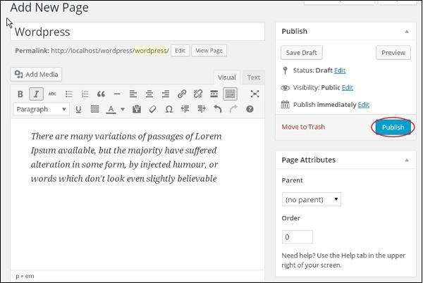 WordPress Publish Page