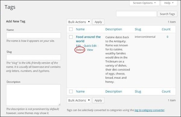 WordPress Delete Tag